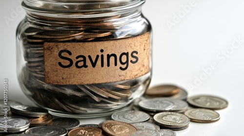 Saving coins in a glass jar labeled for financial goals at home in soft, ambi...