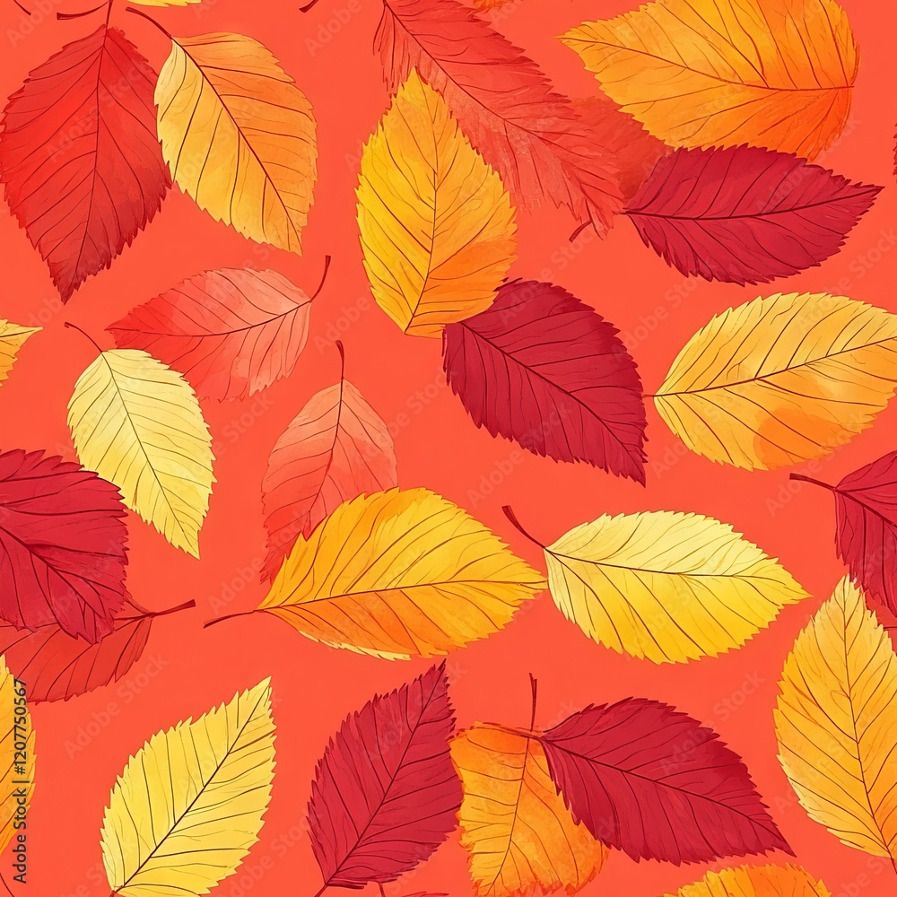Seamless Pattern - Autumn leaves in warm colors on a coral background Seamless Pattern - Autumn leaves in warm colors on a coral background