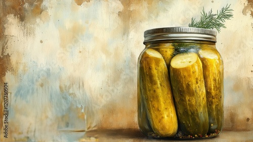 Freshly preserved pickles in a glass jar with spices and herbs on a wooden board