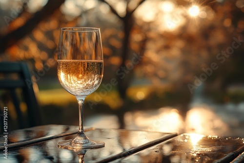 Elegant glass of white wine reflecting light on a wooden table in a cozy setting