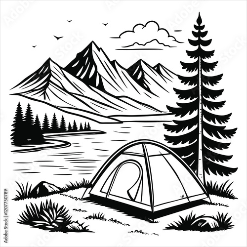 Forest and Lake Scene Vector Illustration with Clipart Elements
