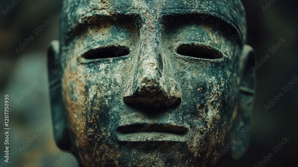 Ancient Copan Stone Mask Close-Up in Earthy Tones Displaying Intricate Details Against an Out-of-Focus Green Background Ancient Copan Stone Mask Close-Up in Earthy Tones Displaying Intricate Details Against an Out-of-Focus Green Background