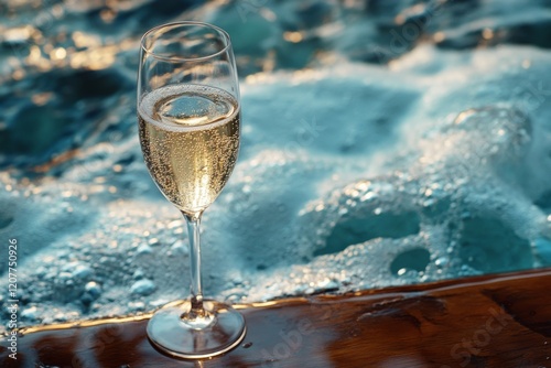 Elegant glass of white wine reflecting light on a wooden table in a cozy setting