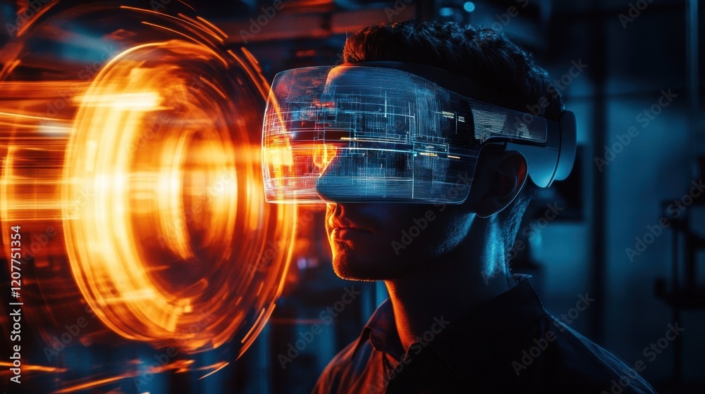 Engineer wearing a vr headset interacts with a holographic interface, visualizing complex data and schematics in a futuristic factory setting, illuminated by dynamic orange and blue lighting Engineer wearing a vr headset interacts with a holographic interface, visualizing complex data and schematics in a futuristic factory setting, illuminated by dynamic orange and blue lighting