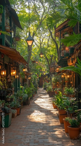 Sun-dappled path through a charming, plant-filled alleyway. Terracotta pots line the brick path, creating a serene and picturesque scene. Lush green f photo