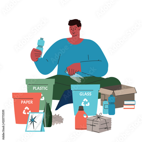 Boy is sorting garbage. Sorting plastic,paper, glass. Zero waste vector concept, template, design for banner, card, poster Sustainable lifestyle concept illustration