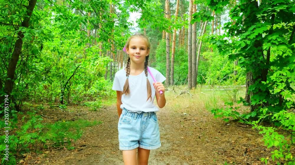 Little girl hunting in butterflies with a net in the trail in the woods Little girl hunting in butterflies with a net in the trail in the woods