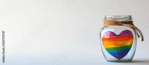 Glass jar featuring painted rainbow heart on white background with natural twine, emphasizing inclusive love and empty space for customizable text.