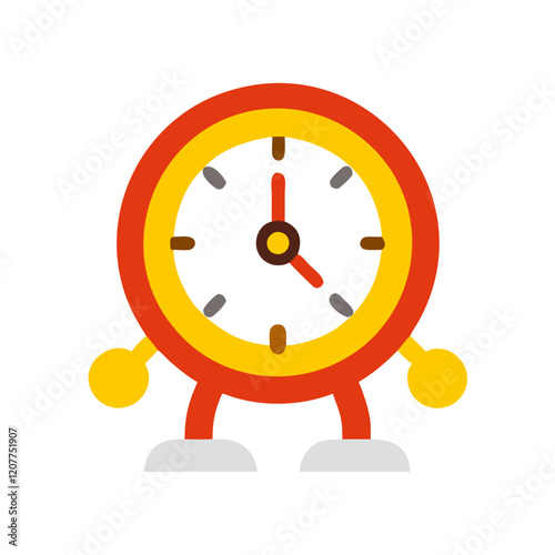Cartoon clock character illustration on white background with copy space