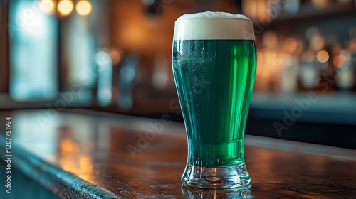 Bright green drink with foam on wooden bar counter in lively pub atmosphere