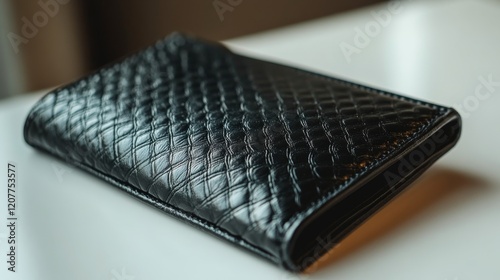 Elegant black leather wallet displayed on a light surface in soft lighting
