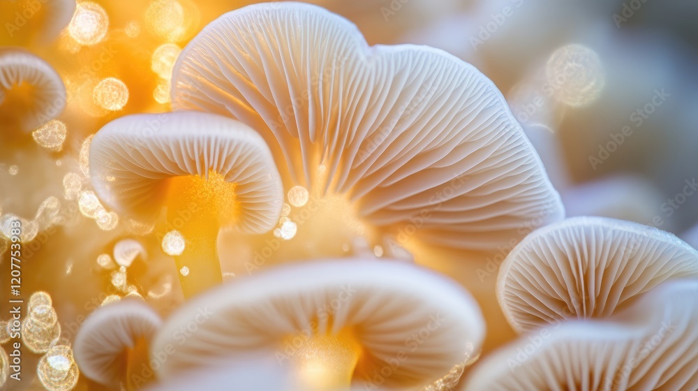 Mushroom gills close up illuminated under microscope showcasing intricate details and vibrant colors of mycelium structure Mushroom gills close up illuminated under microscope showcasing intricate details and vibrant colors of mycelium structure