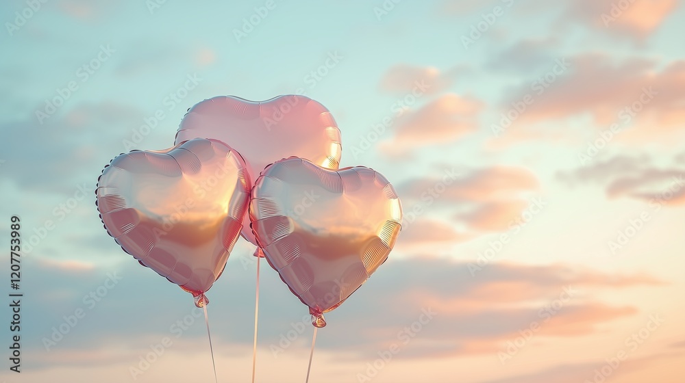 Obraz premium Floating Heart Balloons in Pink and Gold Against a Cloudy Sky Romantic Balloon Displays Against Natural Backdrops Cloud-Inspired Valentine Day Balloon Photography Elegant Pink and Gold Floating 