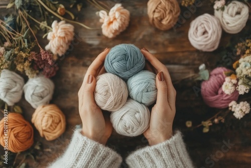 A professional knitter demonstrating advanced techniques, surrounded by colorful skeins and tools of the trade photo