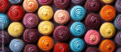 A colorful assortment of cupcakes, topdown view, vibrant and playful, closeup, sweet and delightful, dessertthemed photo