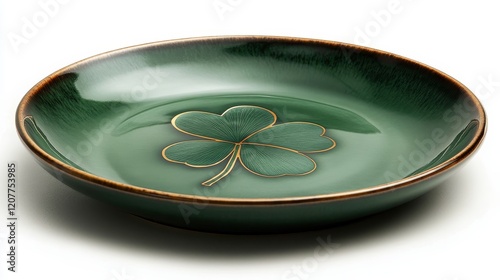 Elegant green plate with a four-leaf clover design on a smooth surface