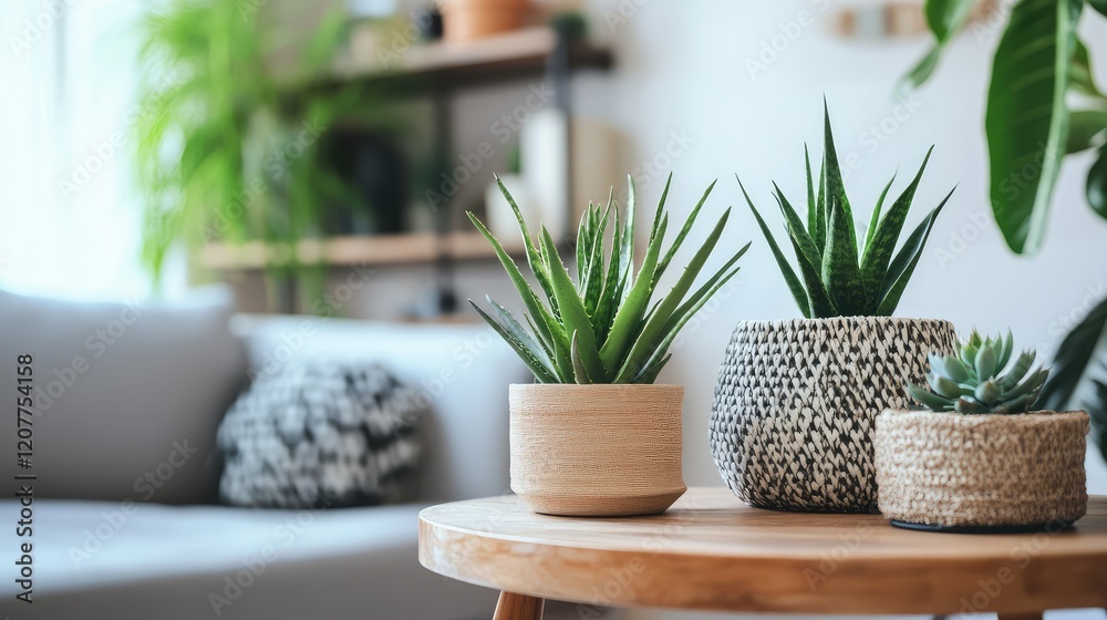 Fototapeta premium Stylish modern living room interior with green plants in decorative pots, soft gray sofa, wooden coffee table, natural light, cozy atmosphere.