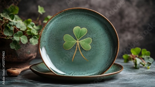 Elegant green plate with a four-leaf clover design on a smooth surface