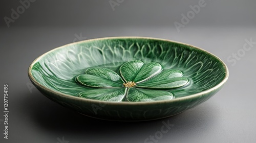 Elegant green plate with a four-leaf clover design on a smooth surface