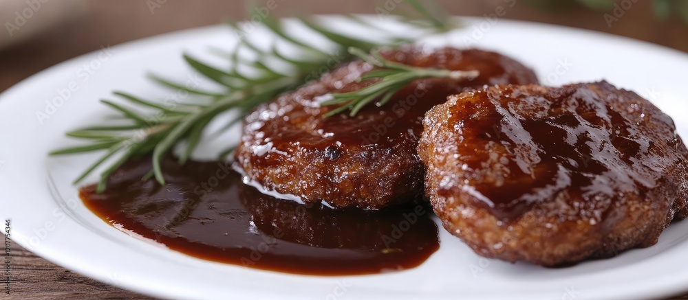 Fried steak patties with rich dark sauce and fresh rosemary on a white plate with neutral background and ample empty copy space for text. Fried steak patties with rich dark sauce and fresh rosemary on a white plate with neutral background and ample empty copy space for text.
