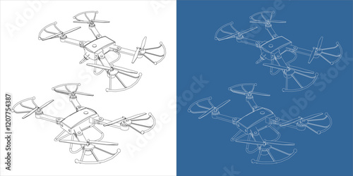 drone or quadcopter isometric view vector line blueprint wireframe technical drawing isolated on transparent background
