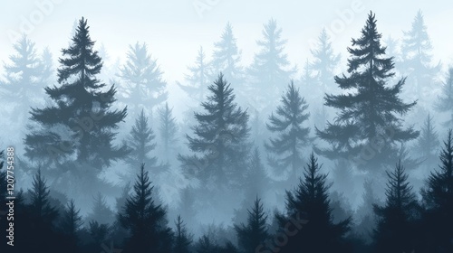 Serene misty rainforest landscape featuring dark green fir trees enveloped in ethereal gray fog, creating a tranquil and mysterious atmosphere.