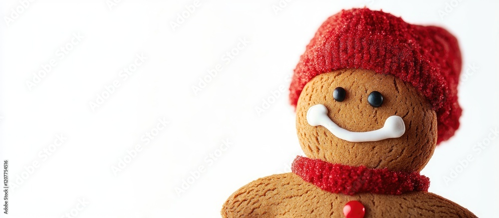 Gingerbread figure in red hat on white background with festive holiday theme and ample copy space for text or design elements Gingerbread figure in red hat on white background with festive holiday theme and ample copy space for text or design elements