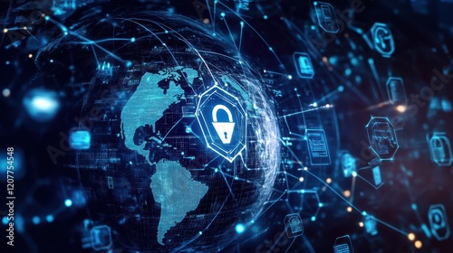 Wallpaper Mural The image features an Earth globe alongside a cybersecurity lock hologram, with a variety of diverse icons representing different digital elements. Torontodigital.ca