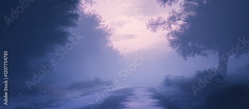 Misty Road Through a Foggy Landscape with Tranquil Atmosphere and Ample Space for Text Overlay