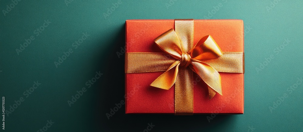 Minimalist orange gift box with gold bow on teal background for Valentine’s Day celebration luxury pop art style and empty space for text Minimalist orange gift box with gold bow on teal background for Valentine’s Day celebration luxury pop art style and empty space for text