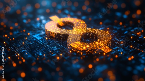 Dynamic glowing symbol on a digital background representing technology and in...