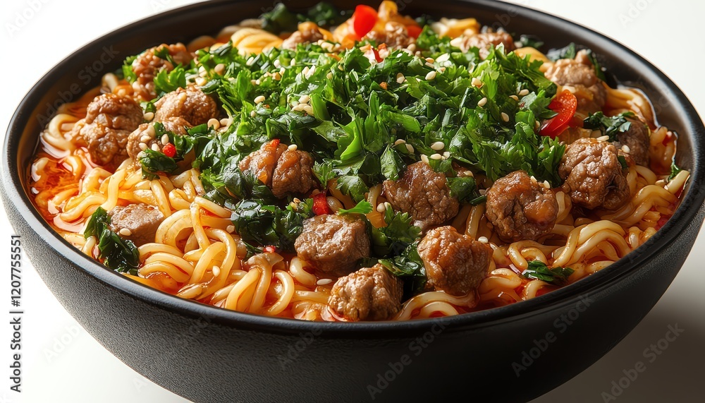 Chinese noodles with greens and meat, white background Chinese noodles with greens and meat, white background