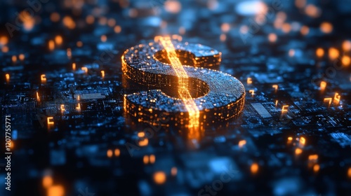 Dynamic glowing symbol on a digital background representing technology and in...