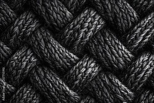Black and white knitted background with intertwined threads, detailed texture of yarn in an abstract pattern, perfect for backgrounds or wallpaper design