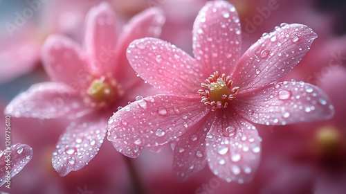 Delicate pink flowers with raindrops, macro, natural freshness, soft focus