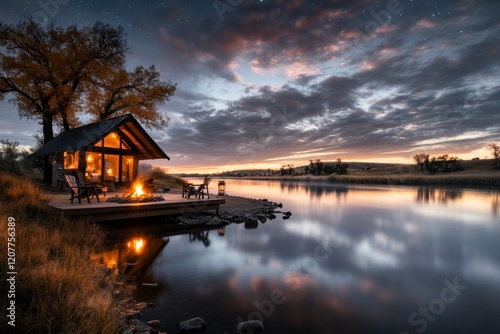 A rustic riverside campsite along the Powder River, with a tent pitched and a campfire crackling under a starlit sky