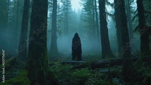 Fototapeta Naklejka Na Ścianę i Meble -  Eerie silhouette of a cloaked figure standing in a foggy green forest with tall trees and dense mist creating a mysterious atmosphere.