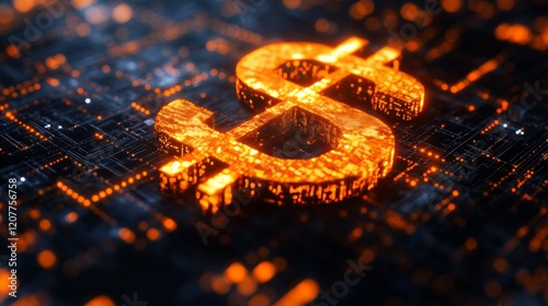 Glowing dollar sign symbolizing digital finance and technology on a vibrant g...