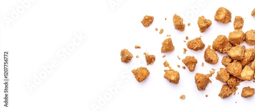 Crispy golden fried chicken fillet chunks scattered on white background with ample empty space for culinary text and menu design. photo