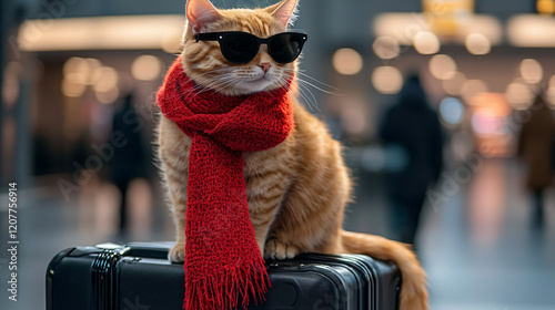 A stylish ginger cat wearing black sunglasses and a red scarf, sitting confidently on a black suitcase in an airport terminal. photo