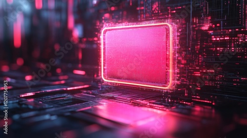 Electronic microchip illuminated with glowing circuits on a tech background i...