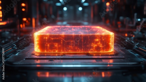 Futuristic energy cell illuminated in a high-tech environment during night