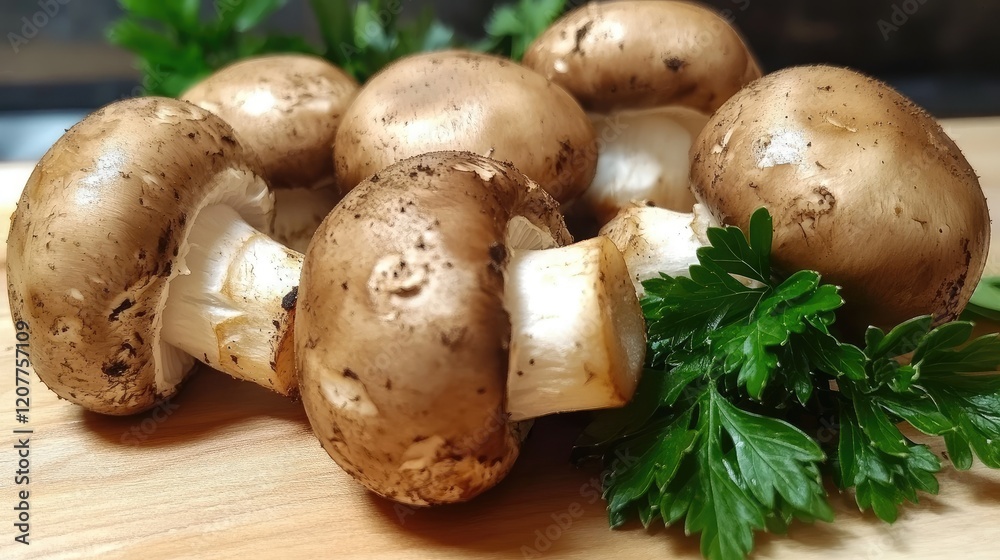 Mushrooms with Fresh Parsley Leaves on Wooden Cutting Board Healthy Organic Vegetables for Cooking and Culinary Presentation Mushrooms with Fresh Parsley Leaves on Wooden Cutting Board Healthy Organic Vegetables for Cooking and Culinary Presentation