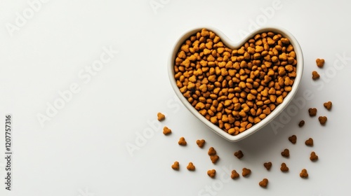 Heart-Shaped Bowl Filled with Dry Pet Food on White Background