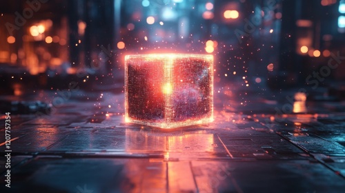 Futuristic energy cell illuminated in a high-tech environment during night