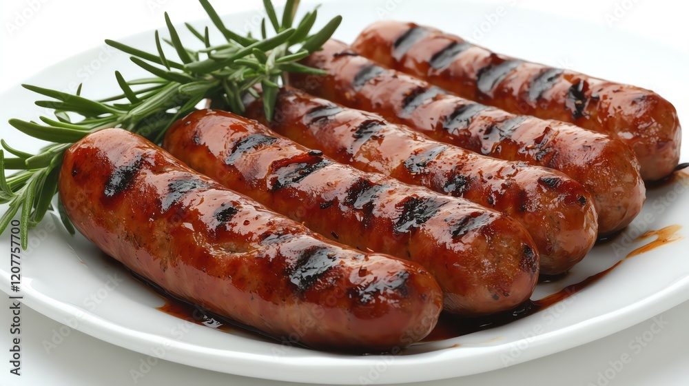 Grilled sausages on plate, garnished with rosemary, culinary simplicity, meal presentation Grilled sausages on plate, garnished with rosemary, culinary simplicity, meal presentation