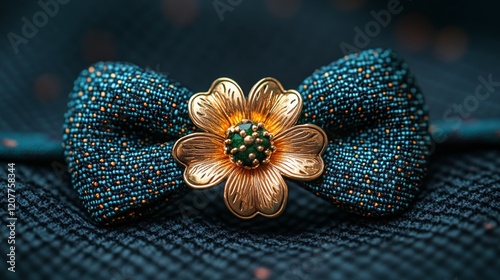 Beautiful gold and teal bow on a vibrant floral background showcasing intrica...