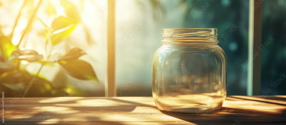 Sunlit glass jar on a wooden table with blurred greenery in the background, ideal for design mockups with empty text space.