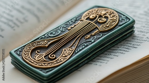 Decorative golden bookmark shaped like a harp on an open book with textured c...