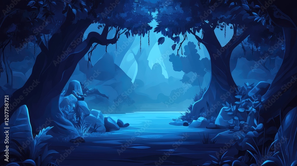 Fototapeta premium Enigmatic Midnight Blue Forest with Luminous Water Reflection and Silhouetted Trees in Serene Bay Setting